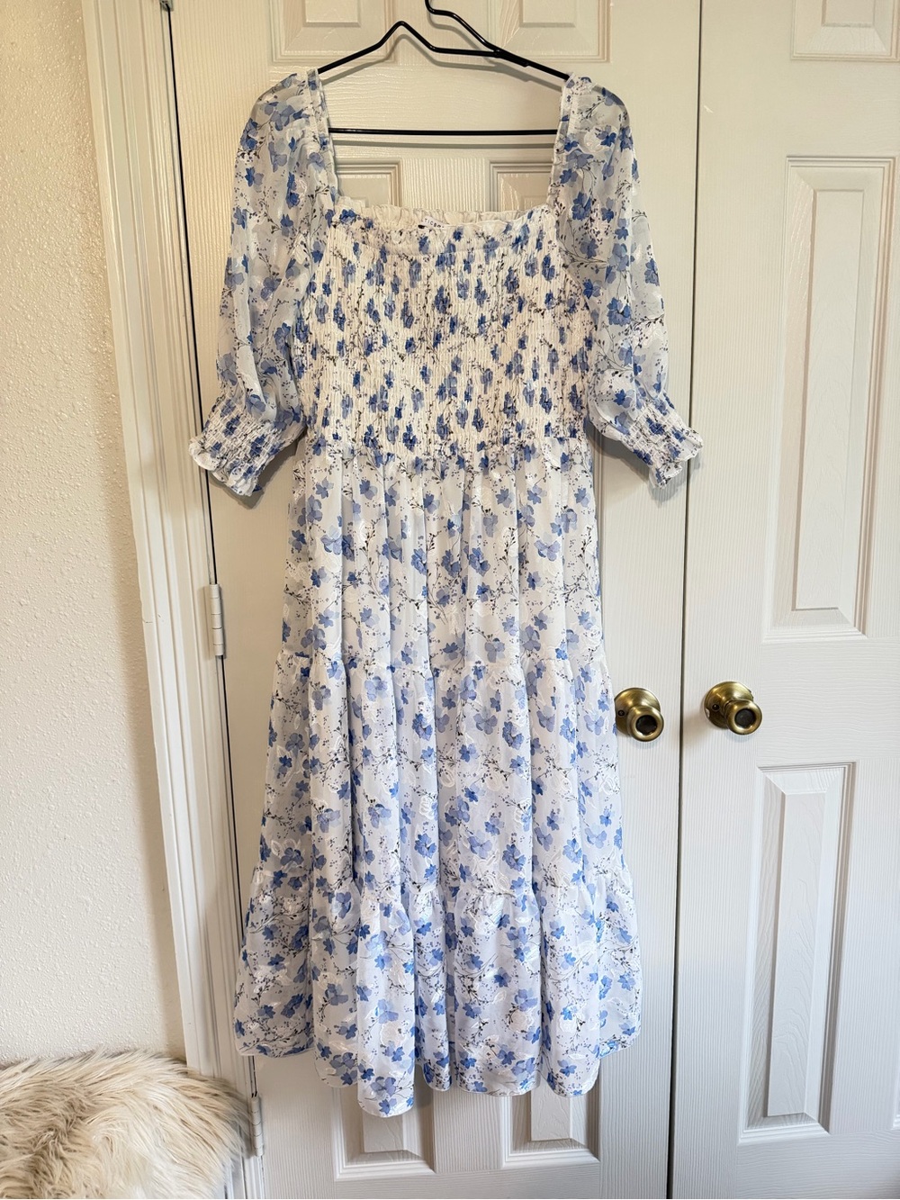 Baltic Born Blue Floral Smocked Midi Maxi Dress XL puffed sleeve smocked bodice - Picture 2 of 11